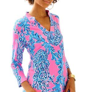 Lily Pulitzer Vero Tunic Cought in the Coral Top Shirt, M, V-Neck Long Sleeve